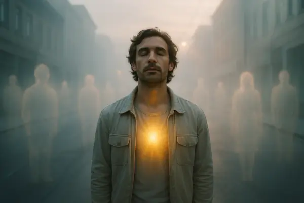 Pessoa serena em ambiente urbano, rodeada por formas luminosas que simbolizam observação invisível e expansão de consciência.